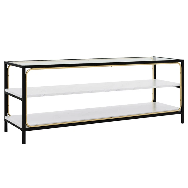 3-Tier TV Stand Entertainment Center w/ 2 Faux Marble Shelves & Glass Top White
