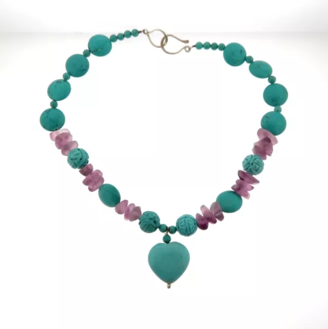 CARVED TURQUOISE BEAD Heart Pendant Necklace with Amethyst .5 x 16.5 ...