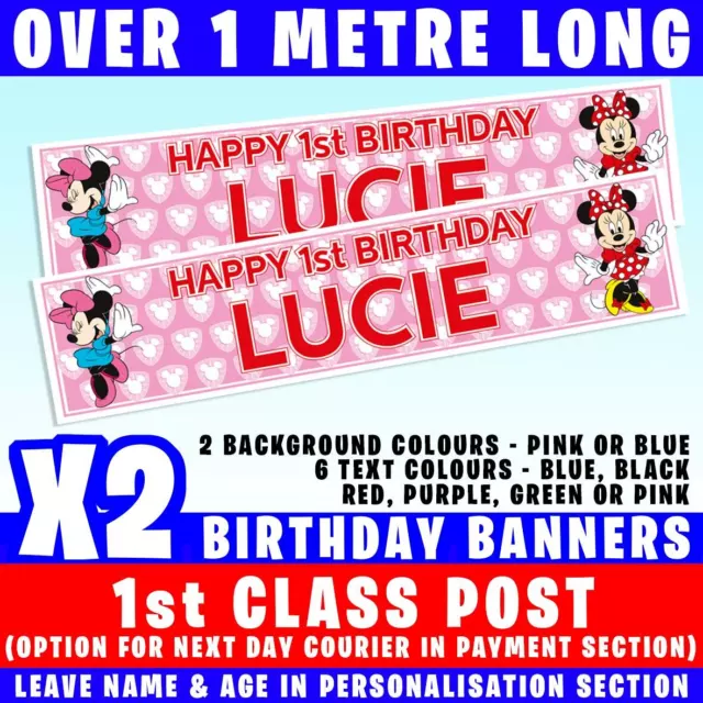 2 PERSONALISED MICKEY MINNIE MOUSE BIRTHDAY BANNERS 1067x250mm ANY NAME ANY AGE