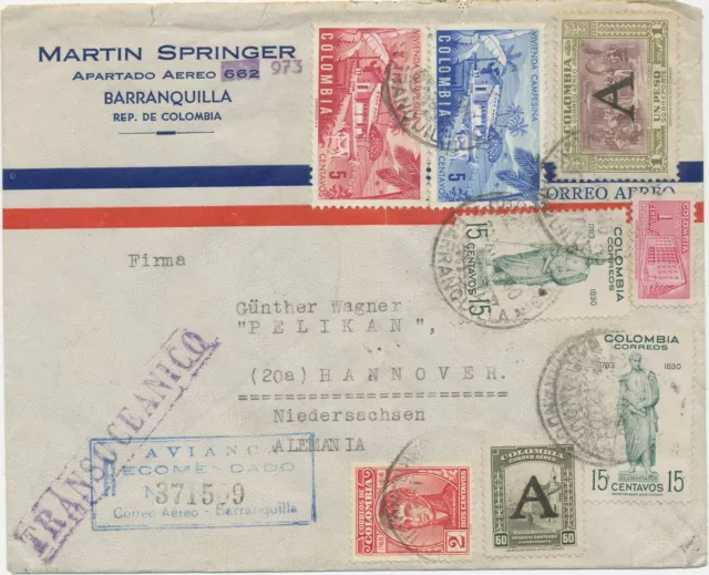 COLOMBIA 1950 mixed postage within farm 5 C blue + red (PRE-RELEASE FDC) AVIANCA