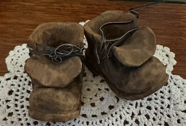 Pair Hand Carved Wooden Folk Art Detailed Old Boots w/Laces Signed Ed Platt 74