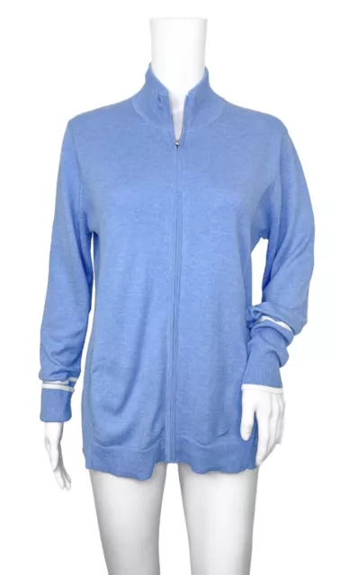 Alashan Womens Cotton Cashmere Full Zip Cardigan Sweater L Blue Mock Neck