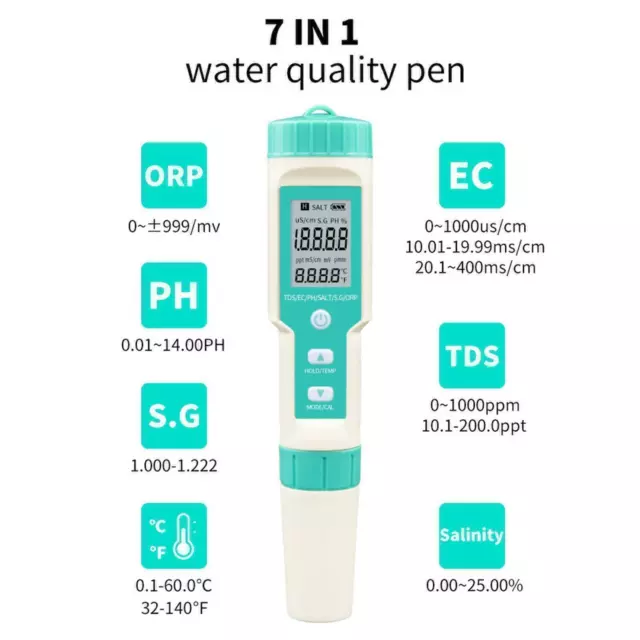 Medidor de temperatura digital de calidad del agua PH TDS TEMP EC SG ORP 7 in LOVE 3