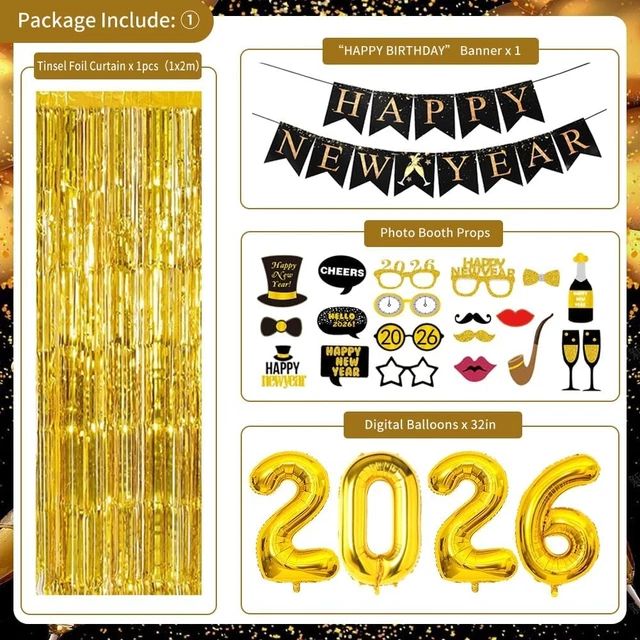 Silvester Deko Set 2026 – Schwarz Gold Mit Happy New Year Girlande, Folienballons, Pompons & Regenvorhang Folienballons 2026