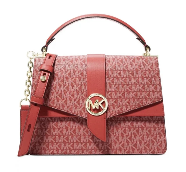 Michael Kors Signature Greenwich Top Handle Medium Satchel Crimson Red
