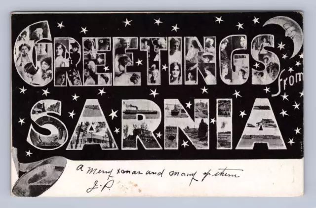 Greetings from SARNIA Ontario ~ Rare Antique Large Letter UDB Postcard 1908