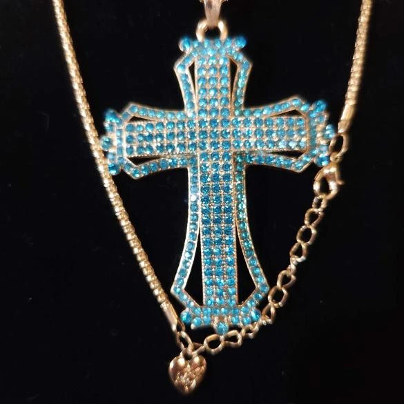 Blue and Gold Decorative Cross Betsey Johnson Enamel and Rhinestone Necklace