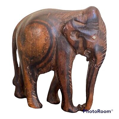 Vintage Wooden Carved Elephant  Statue Figure 5'' Decorative Art Safari Animal