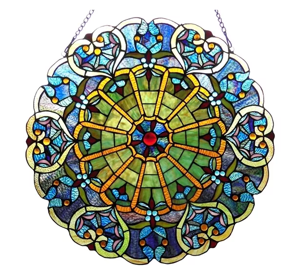 Stained Glass Window Panel Round Victorian Tiffany Style Art Glass Suncatcher