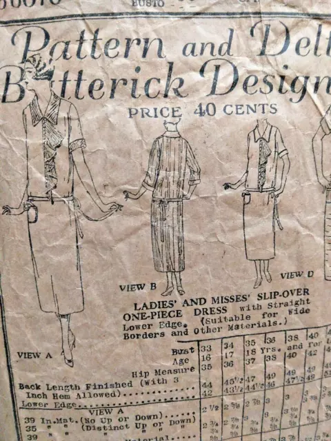 Dress Slip Over Drop Waist 38" Butterick 6070 Sewing Pattern & Deltor VTG 1923 2