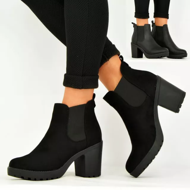 Ladies Womens Black Ankle Chelsea Boots Chunky Block Heels Platform Shoes Size