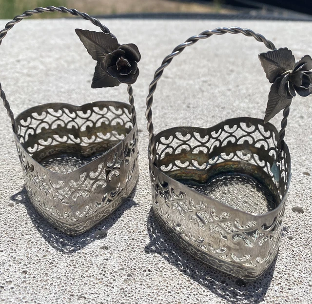 Vintage Silver Plate Heart Rose Cage Baskets (2)