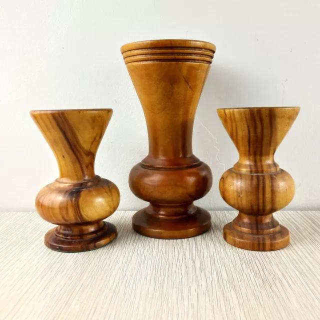 Wooden Hand Turned Vase Collection Set of 3 Flared Urn Shape 1 Large 2 Small