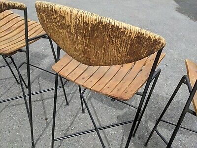4 Arthur Umanoff Steel, Wood & Rush mid century bar stools. Imported from USA 7
