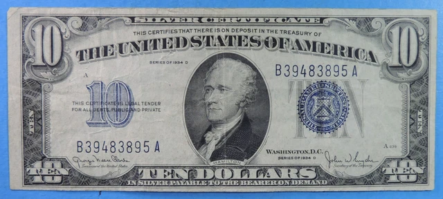 1934 D $10 Ten Dollar US Silver Certificate Note FR# 1705