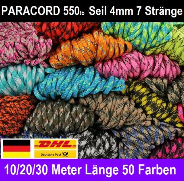 PARACORD 550lb Seil 4mm Camping Outdoor Seile Fallschirmschnur Fallschirmleine