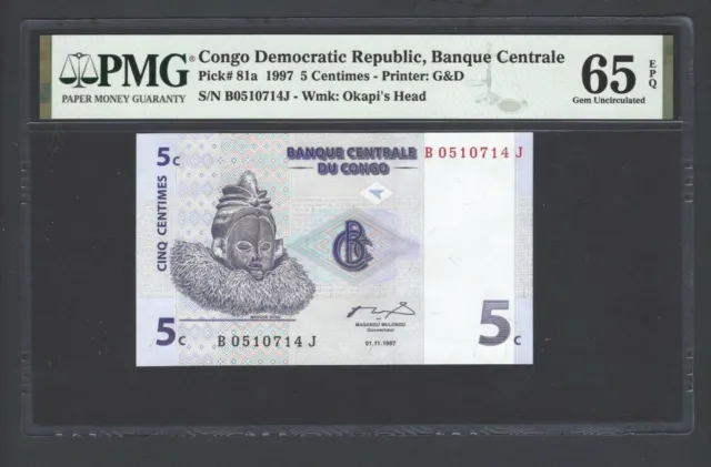 Congo Democratic 5 Centimes 1997 P81a Uncirculated Graded 65