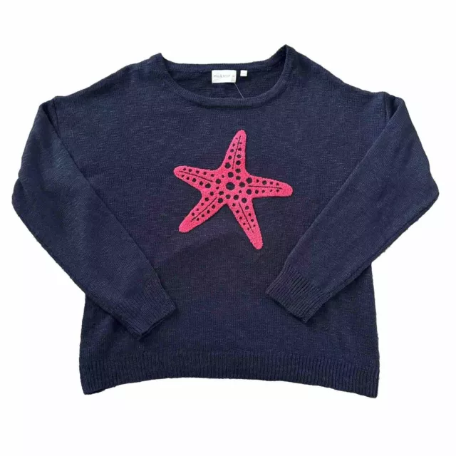 Mia & Tess Women’s XL Beach Sweater Navy Blue Pink Chenille Starfish