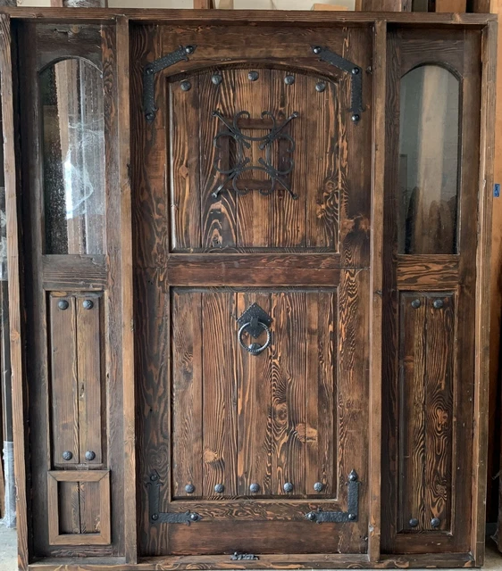 Rustic reclaimed lumber DOOR square top side lites doggy clear glass speakeasy