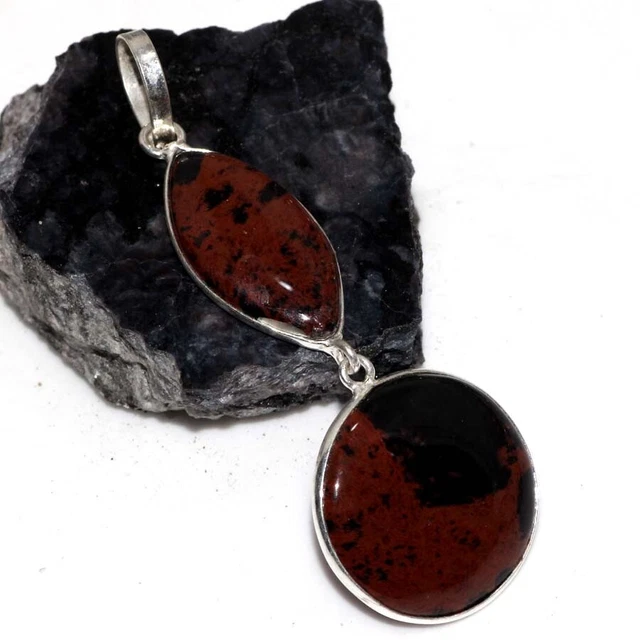 925 Silver Plated-Mahogany Obsidian Ethnic Gemstone Pendant Jewelry 2.7" JW