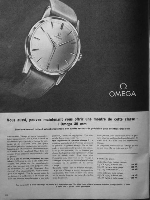 PUBLICITÉ DE PRESSE 1961 MONTRE OMEGA 30 mm RECORDS DE PRÉCISION