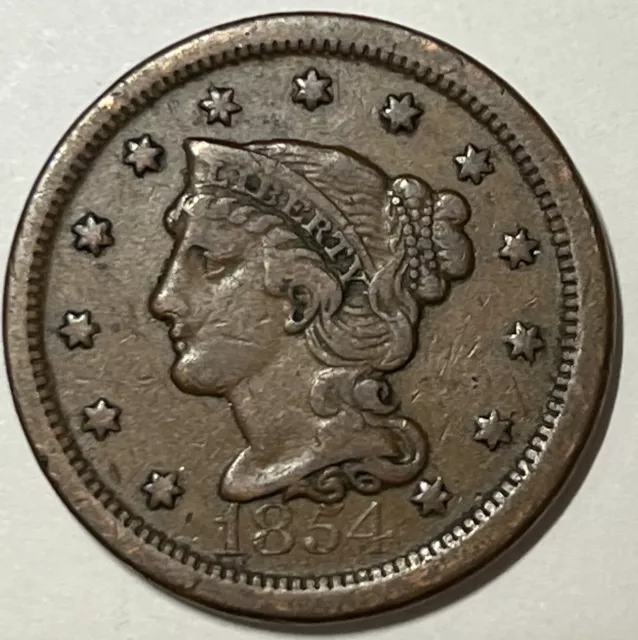 VF 1854 Braided Hair Large Cent US Type Coin - Very Fine 1c ACTUAL PHOTOS LT#4