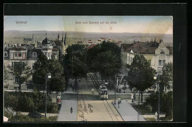 AK Weimar, Blick vom Bahnhof auf den Ort mit Hotel und Strassenbahn 1917