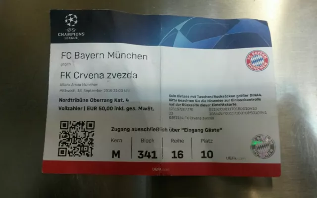 Used TICKET UEFA CL 2019/20 FC Bayern München Roter Stern Belgrad Crvena Zvezda