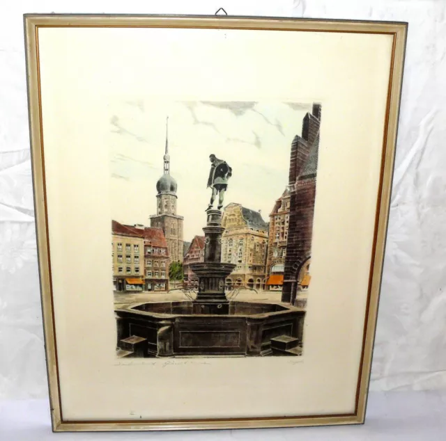 Siegel Original Farb Radierung Dortmund Bläserbrunnen Bild 29,5x21cm Kunst 16411