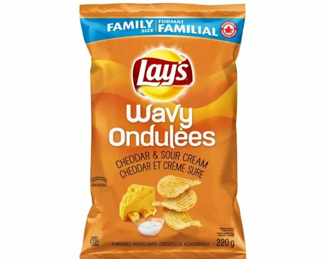 Lays Wavy Cheddar & and Sour Cream Chips Large Family Size 235g Canada Fresh