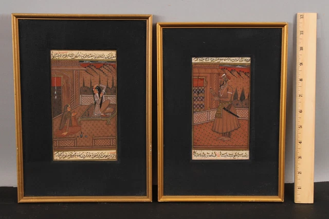 Antique India Mughal Paintings 19thC Gouache Book Pages of Man & Woman NR