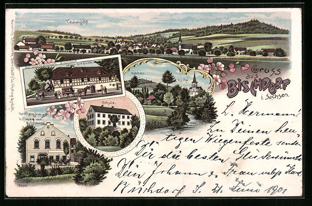 Lithographie Bischdorf i. Sachsen, Gasthaus zur Hoffnung, Gerichtskretscham Bis