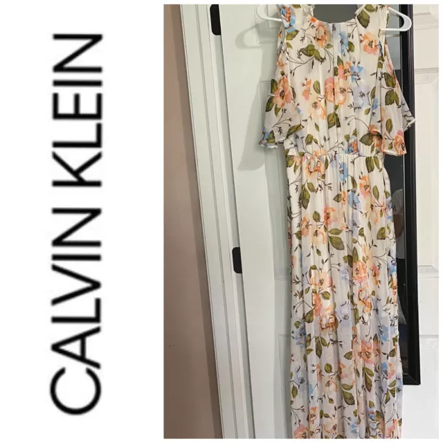 CALVIN KLEIN white Floral Cold Shoulder Belted Maxi Dress Size 2