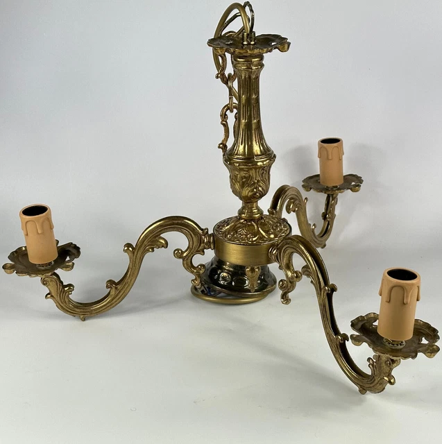 Vintage French 3 Arm Ornate Rococo Brass Electric Ceiling Light Chandelier