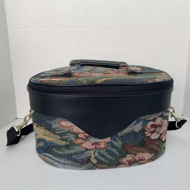 Vintage   Floral Tapestry Vanity Train Overnight Makeup Case Bag w/ Mirror 13x7”