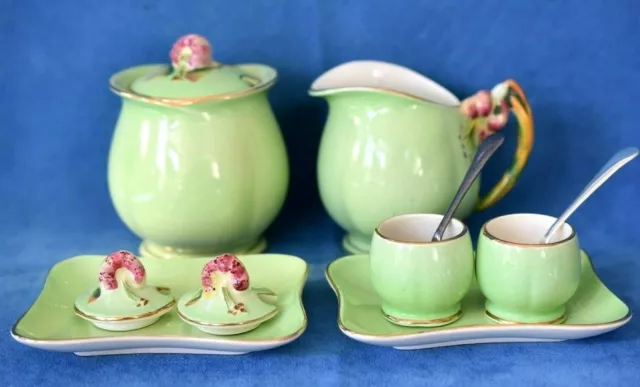 Vintage Grimwades Royal Winton Green Tiger Lily Sugar Bowl Condiment Set Lot