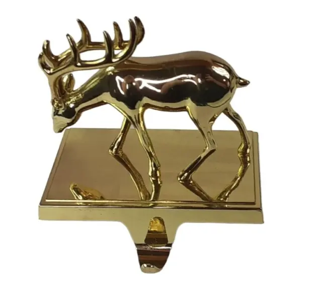Vintage Solid Polished Brass Reindeer Stocking Holder Fireplace Mantle Decor 4"