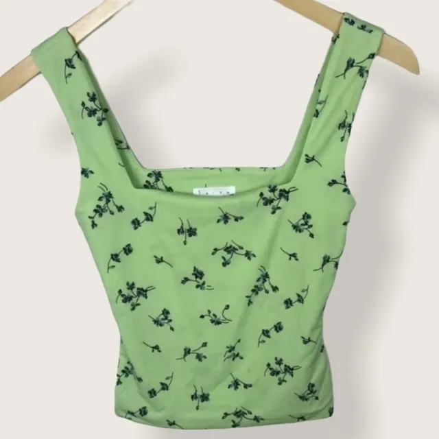 NEW Nordstrom Leith Square Neck Tank Top Green Floral Print Womens Size XXS