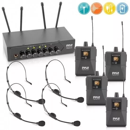 Pyle PDWM4122 Portable UHF Wireless Lavalier Microphone Set w/ 4 Transmitters