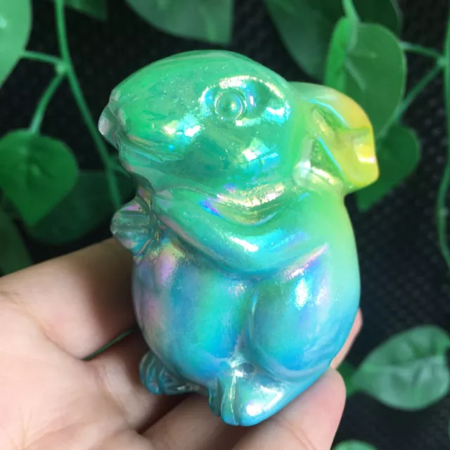 175g Titanium Aqua Blue Aura White Jade Rabbit Carving Crystal Decoration