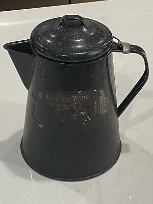 VTG Graniteware  Enamel Black White Speckled Large Coffee Pot Kettle