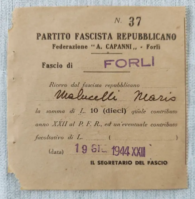 Repubblica Sociale Fascismo Rsi Sottoscrizione Partito 1944 Forli' L.10