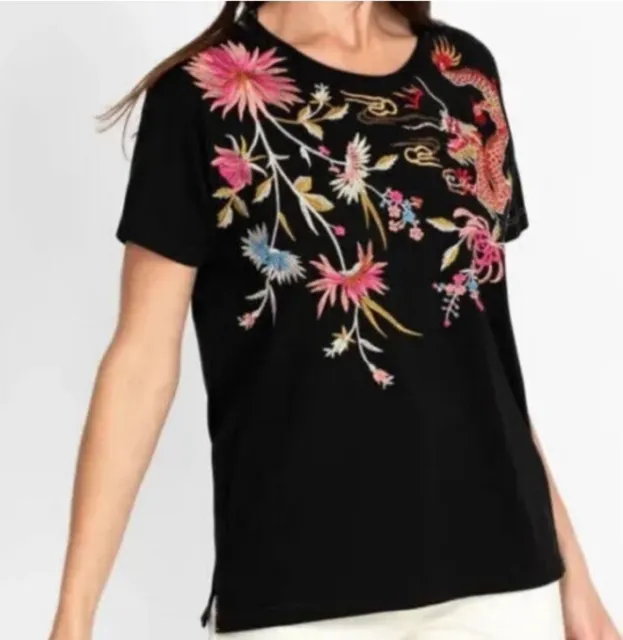 Johnny Was Mina Dragon Floral Embroidered Black Blouse Top