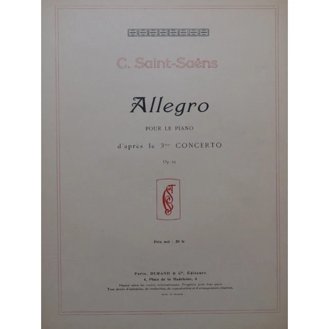 SAINT-SAËNS Camille Allegro 3e Concerto op 29 Piano 1913﻿