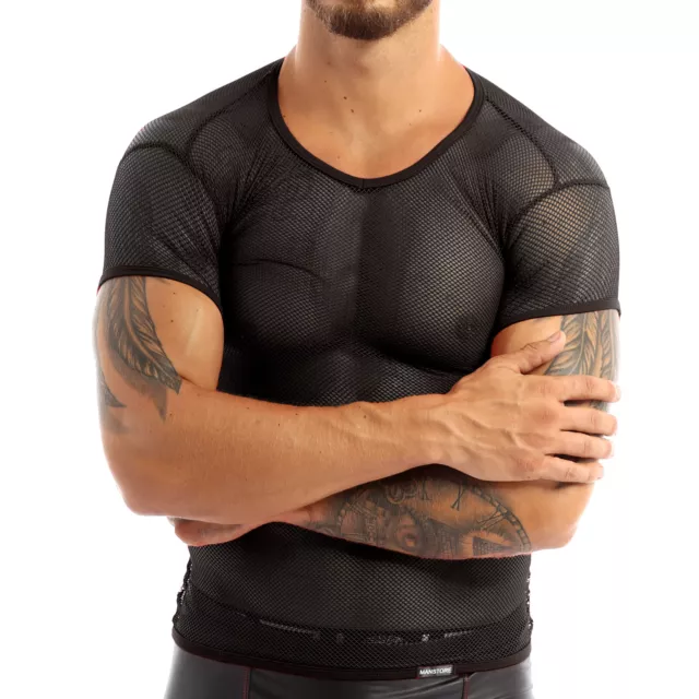 Herren Netz Unterhemd Transparent Kurzarm Muskelshirt Unterwäsche Clubwear Tops