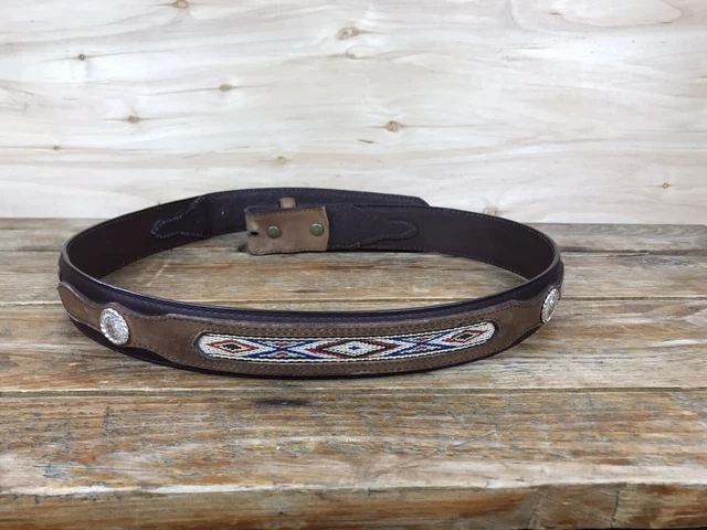 Vintage NOCONA Brown Leather Belt Concho Inlay Lace Men's 36 No Buckle Western