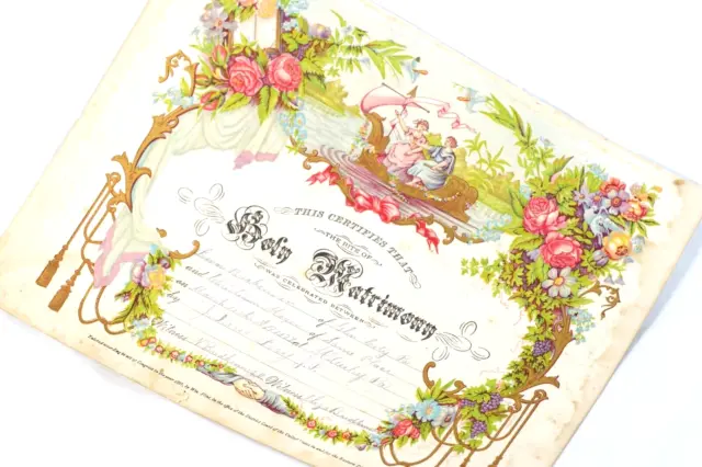 Victorian Era Marriage Certificate Ornate Gold Gilded Chromolithograph 11.5"x9"