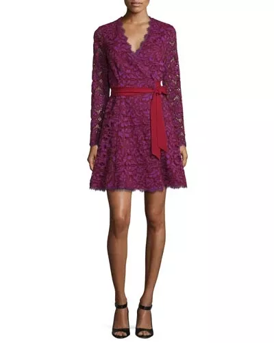 Diane Von Furstenberg DVF Womens Shaelyn Lace Wrap Dress Purple Knee Length Sz 8