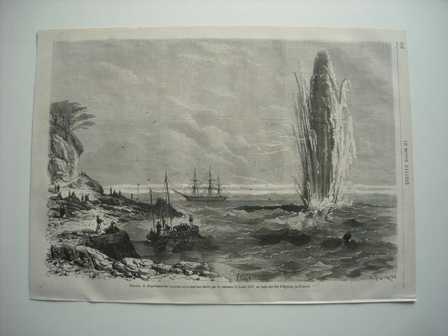 1868 Engraving. En Harade Des Islands D'hyres, Underwater Torpedo Experience...