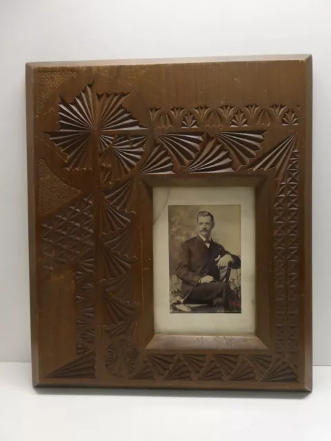 Antique Chip Carved Frame Photograph Of Gentleman